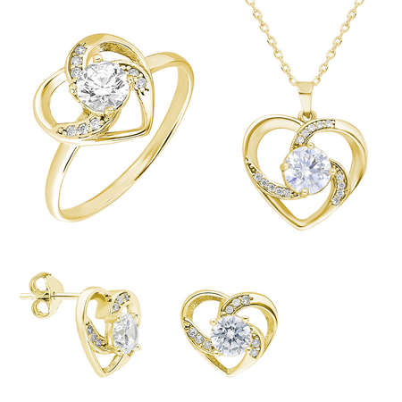 Zirkon Tektaşlı Kalp Tasarım Gold Renk 925 Ayar Gümüş 3'lü Takı Seti - Thumbnail