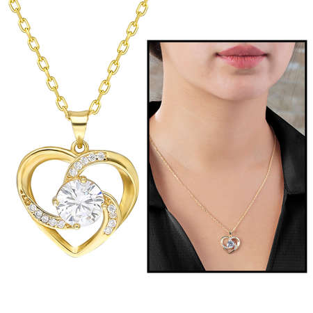 Zirkon Tektaşlı Kalp Tasarım Gold Renk 925 Ayar Gümüş 3'lü Takı Seti - Thumbnail