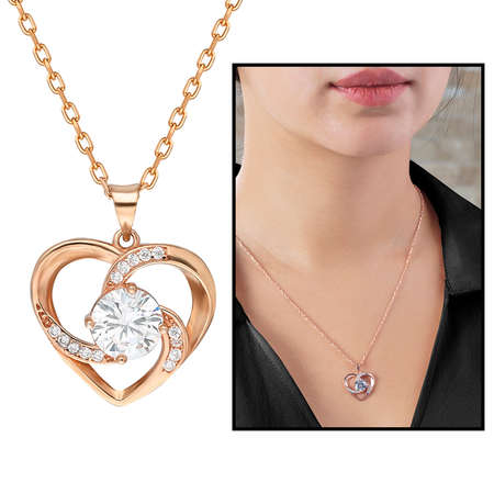Zirkon Tektaşlı Kalp Tasarım Rose Renk 925 Ayar Gümüş 3'lü Takı Seti - Thumbnail
