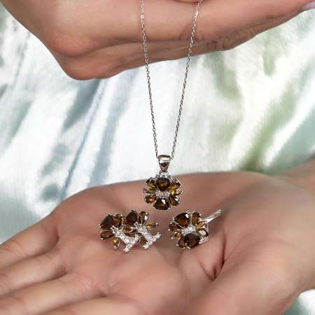Zultanit Taşlı Kır Çiçeği Tasarım 925 Ayar Gümüş 3'lü Takı Seti - Thumbnail